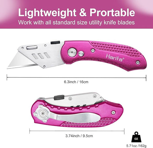 Box Cutter Heavy Duty Utility Knife, Razor Knife, Lightweight Aluminum Handle, Back-lock Mechanism, Stainless Belt Clip, for Carpet, Carton, Box, Cardboard, with 5-piece Extra Blades, Hot Pink