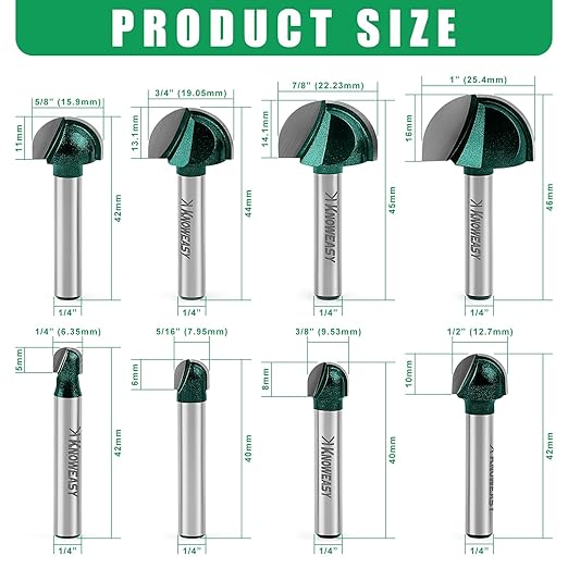 Knoweasy 8-Piece Cove Box Router Bit Set with 1/4 Inch Shank, Solid Carbide Round Nose Bits for Woodworking, Includes 1/4, 5/16, 3/8, 1/2, 5/8, 3/4, 7/8 and 1 Inch Cutting Diameters