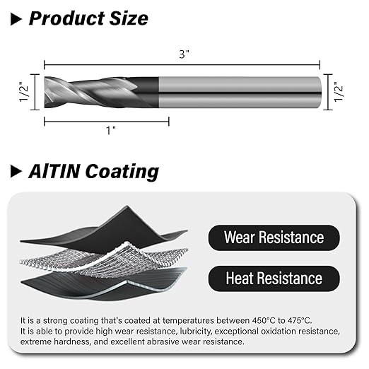 1/2" Micrograin Carbide Square End Mill Set 2 Flute HRC 55 AlTiN Coating End Milling Bits for Milling Alloy Steels, Hardened Steel, CNC Router Bits