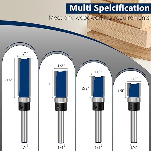 Feanron 4 Pcs Straight Cut Router Bits Flush Trim Router Bit Set 1/4 Inch Shank, Template Route Bit with Bearing Prevent Tear-Out, Durable Pattern Route Bit Milling Cutter for Woodworking (Blue)