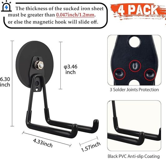 ULIBERMAGNET Strong Magnetic Hooks,Large Magnet with Hooks for Heavy Duty Tools,Jig Saw,Hose, 4 Pack Heavy Duty Magnetic Hooks for Hammer Drill,Circular Saw,Garden Tool(3.46inch/Black)