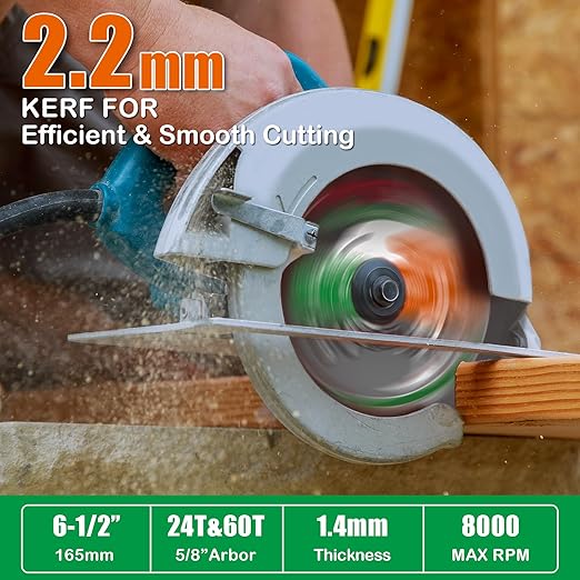 2PCS 6-1/2” Circular Saw Blade for Wood, 24T&60T TCT Cutting Blade, Fine Finish Crosscut Angled Bevels Framing Ripping for Plywood, Melamine, Oak, Pine, Laminate, Chipboard, 5/8"