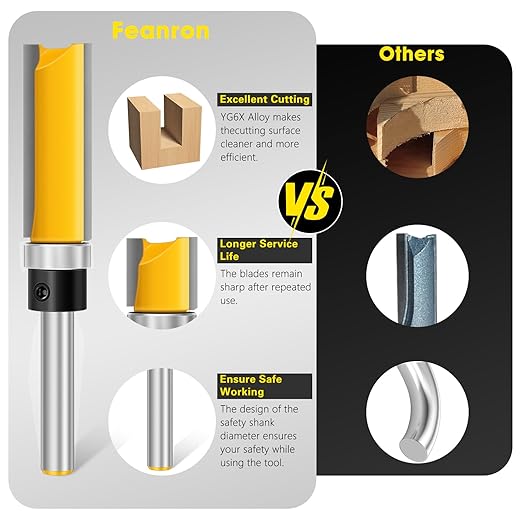 Straight Router Bits Feanron Router Guide Tool ,4 Pcs 1/4 Shank Wood Cutter Woodworking Tools Top Bearing Flush Trim Router Bits Set for Woodworking,Home DIY and Lettering (Yellow)