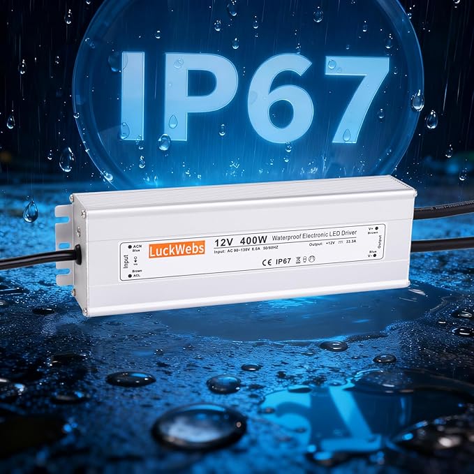 LED Driver 12V400W Waterproof Power Supply AC 90-130V to DC 12V33.3A Low-Voltage Power Transformer Suitable for Indoor Outdoor LED Lighting Fixtures and Any 12V DC LED
