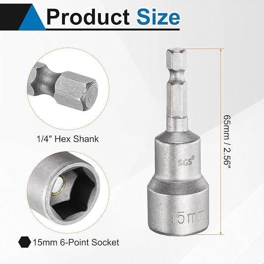 HARFINGTON 5pcs Nut Driver Drill Bit 15mm Metric Socket 1/4" Hex Shank 2.56" (65mm) Long Magnetic 6-Point Sockets Quick Change CR-V Steel Bolt Setters for Power Drill Drivers