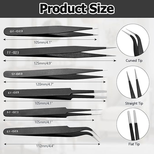 6 PCS Precision ESD Tweezers Set - Anti-Static Stainless Steel Tools Kit for Electronics, Jewelry Repair, Soldering, and Crafting Projects