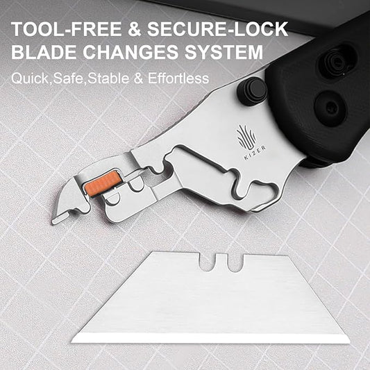 Kizer Uti Bear(Tool-Free Version) Folding Utility Knife, Quick Change Box Cutter EDC knife with 5PCS Razor Blades, Clutch Lock & Pocket Clip Small Pocket Knives for Men Women V3619JM2