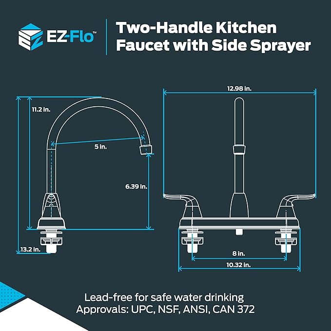 EZ-FLO Two-Handle High-Rise Kitchen Faucet with Side Sprayer, Polished Chrome Finish, 1/2 in MIP Connection, 1.75 GPM, EZ-10202
