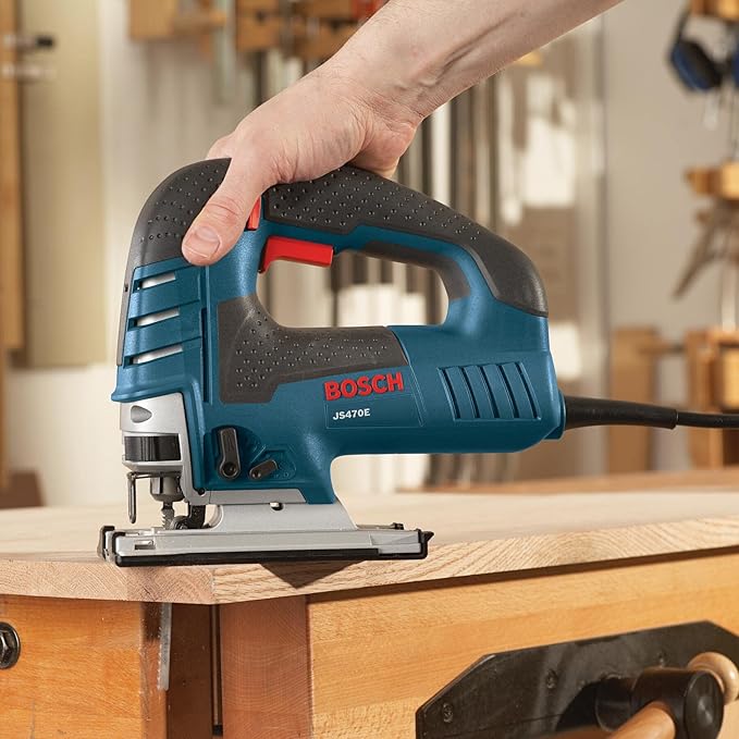 BOSCH Top-Handle Jig Saw 7.0 Amp, 3,100 SPM, 45 Degree Beveled Cuts, Variable-Speed Control, Ergonomic Design, Corded (JS470E)