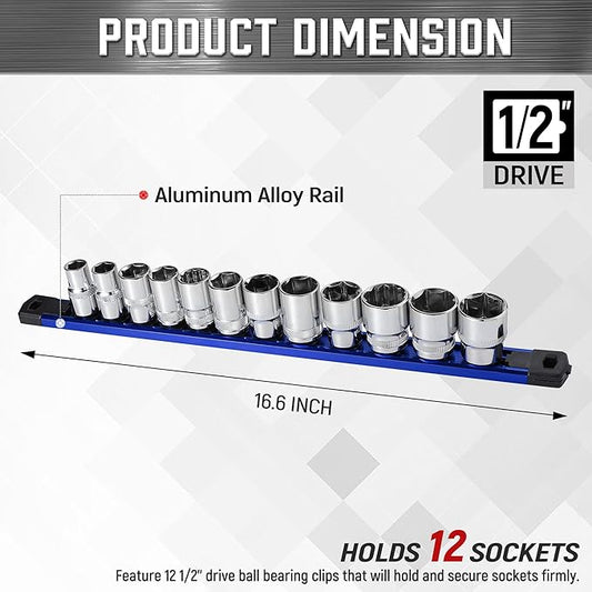 ALOANES 1/2-Inch Drive Magnetic Socket Organizer, Heavy Duty Aluminum Socket Rail Organizer, 360째 Swivel Clips Socket Rail Set For Sockets Storage, 1/2-Inch Socket Holder x 12 Clips (Blue)