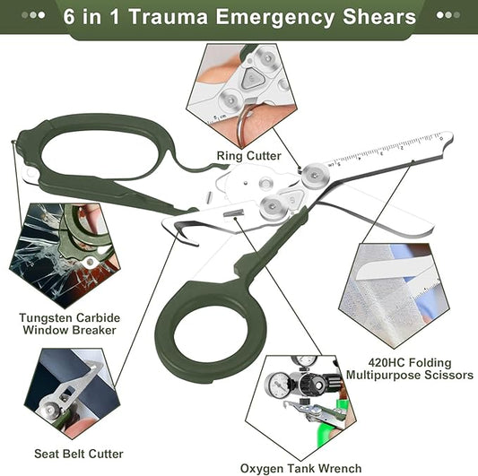 6in1 Multi function Trauma Shears for Nurse EMT(With Holster+Torx Wrench), Stainless Steel Sharp Scissor With Seatbelt/Cord Cutter, Tungsten Window Smasher, Oxygen Tank Wrench And Ring Cutter(Green)