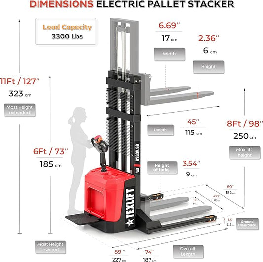 Full Electric Forklift Walkie Pallet Stacker with Stand - Fixed Straddle Legs and Adjustable Forks 5.50 Inch to 27 Inch ??Material Lifter 3300lbs Capacity 8Ft/98 Inch Lifting Heights (US-DS33K-98)