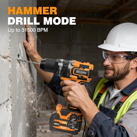 Alloyman 20V MAX Cordless Hammer Drill, Max 620 In-lbs, 31500BPM, Brushless Motor, 1/2" Keyless Metal Chuck, 20+3 Torque Settings, Impact Drill Kit for Drilling Brick Wall, Metal