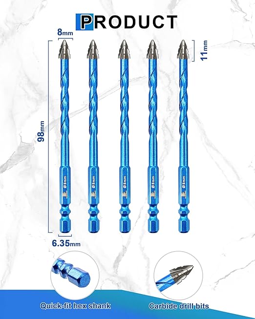 Serrated Carbide Masonry Drill Bit Set 5/16"*5 - Wood Drill Bits for Wood/Plastic/Masonry/Ceramic Tile Hex Shank Drills