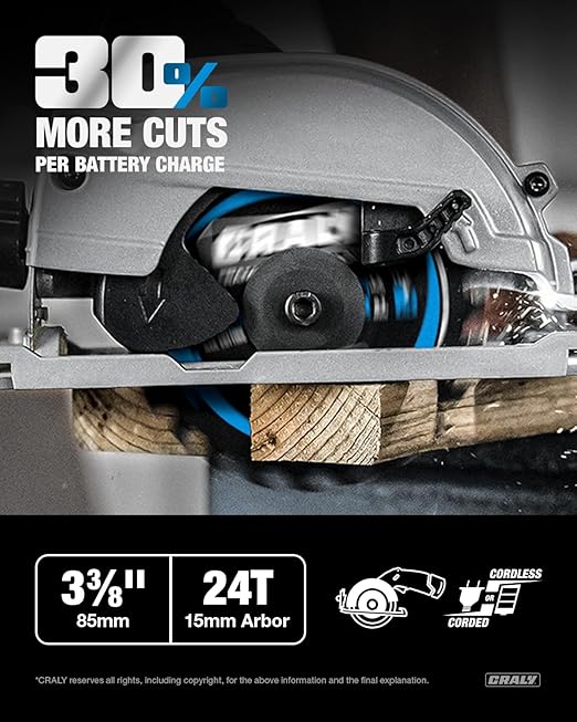 CRALY 3-3/8 Inch 24 Teeth Wood Cutting Framing Circular Saw Blade, 15mm Arbor, Carbide Tipped, Thin Kerf, Black Ice™ Coating, for Plywood, MDF, OSB, Laminated, 3-Pack(C0324FR-3)