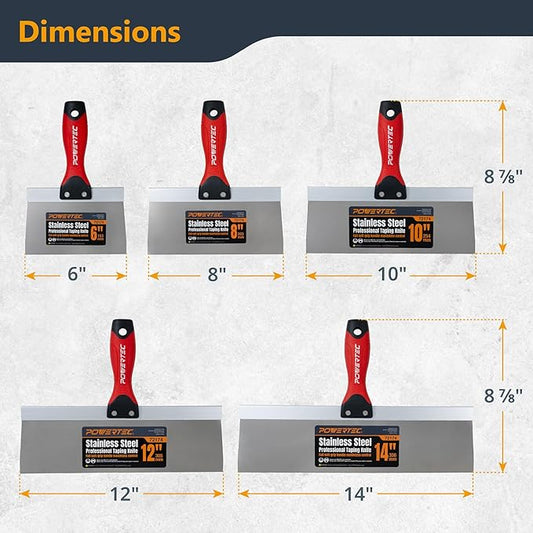 POWERTEC Drywall Knife Set, 5 Pcs Stainless Steel Taping Knives, 6",8",10", 12",14" Drywall Joint Taping, Finishing & Patching (72174)
