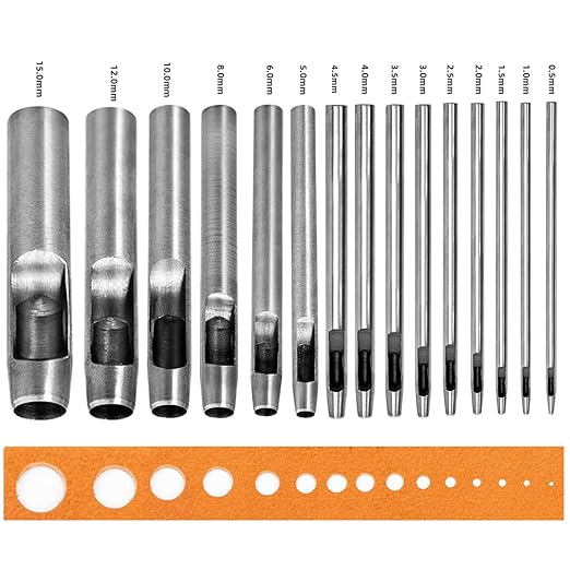 WUTA 15Pcs Hollow Punch Leather Hole Cutter Round Punch Tool Set, Leathercraft Working Kit for Watch Band, Fabric, Plastics, Gasket Belt (0.5+1+1.5+2+2.5+3+3.5+4+4.5+5+6+8+10+12mm+15mm)