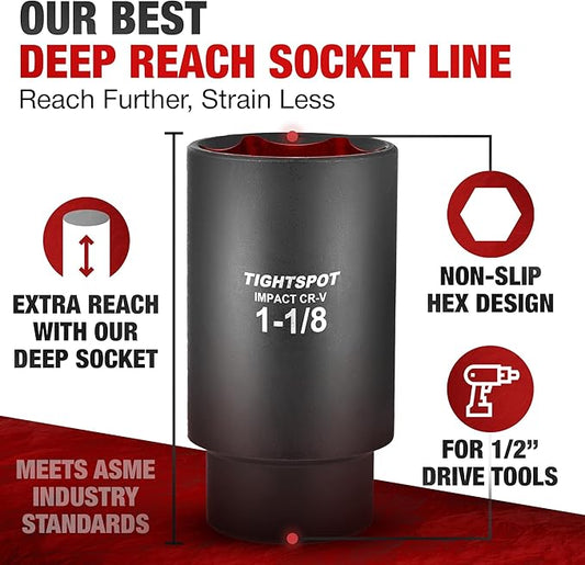 TIGHTSPOT 1/2 Inch Drive - 1 1/8 Inch Deep Impact Socket with Anti-Rounding 6 Point Design, Heat-Treated CRV Steel