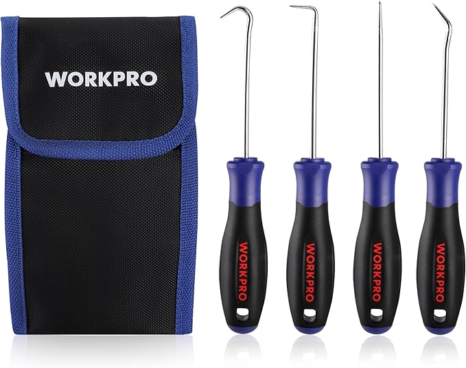 WORKPRO 4-Piece Precision Pick and Hook Set with Pouch, Angled Pick, Straight Pick, 90-degree Pick, Full Hook, Mini Pick Set Mechanic, Remove Small Fuses, Wire Plugs and "O" Rings, Gunsmith Tools