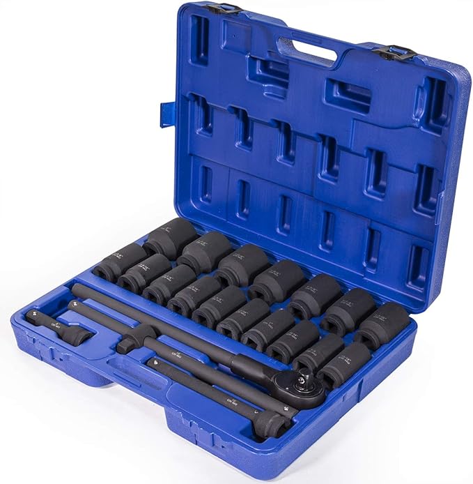 Stark USA 22-Pieces 3/4 Inch Drive Deep Impact Socket Set Cr-Mo Steel SAE Socket Extension Bar Sliding T-Bar (7/8" to 2" inch) with Carrying Case