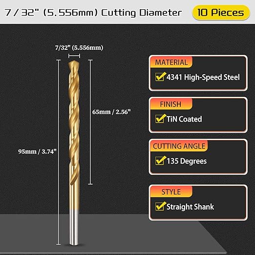 Drill Bit, 7/32" Cutting Diameter, 4341 HSS Jobber Bits TiN Coated 135° Cutting Angle - (Applications: for Drilling Soft Metal Plastic Wood), 10-Pieces