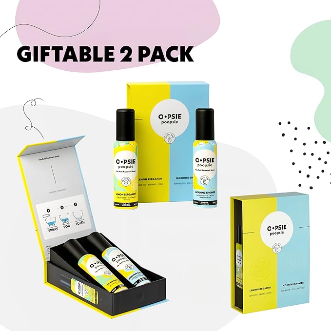 Oopsie Poopsie Pre GO toilet spray, discreet & portable original Pre-poo spray to use on the go. Assorted scents Lemon/Morning Shower Fresh Toilet Odor Eliminator 2oz bottle Gift Set 2 pack