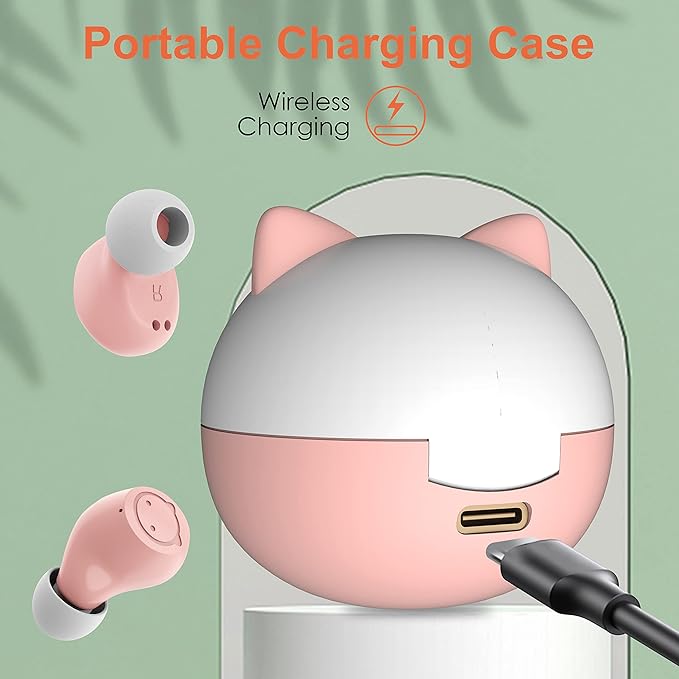 Bluetooth headphones, Bluetooth 5.3 Headphones HiFi Stereo, True Wireless Earbuds, LED Digital Display Wireless Earpods, Ear Buds with Microphone, IPX5 Waterproof Earbuds for School/Sport(Pink Cat)