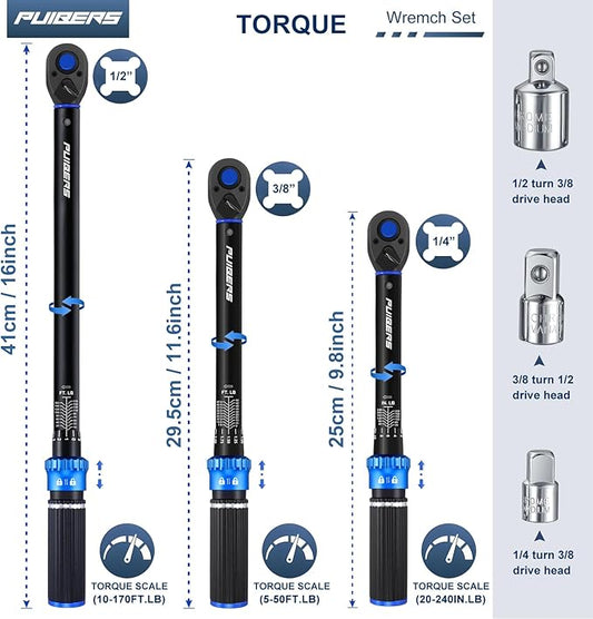 Torque Wrench Set 1/2 3/8 1/4 inch Drive Click, 3Pcs Torque Wrenches 10-170 FT.LB,5-50FT.LB,20-240IN.LB, Inch pound Torque Wrench with 3 Pcs Adapter for Bike,Car, Truck,Tractor
