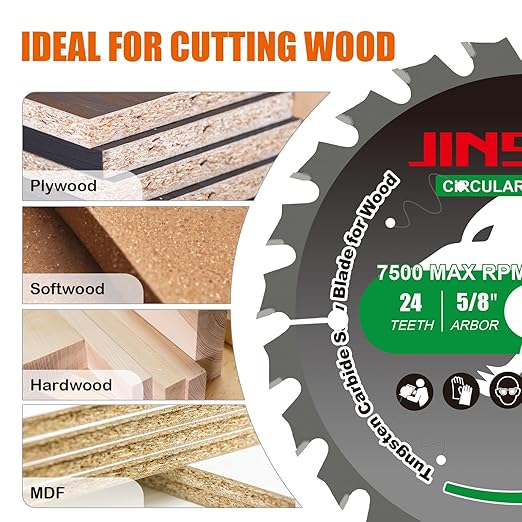 7-1/4” Circular Saw Blade for Wood, 24T TCT Cutting Blade, Fine Finish Crosscut Angled Bevels Framing Ripping for Plywood, Melamine, Oak, Pine, Laminate, Chipboard, 5/8"