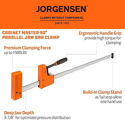 JORGENSEN 36-inch Bar Clamps, 90째Cabinet Master Parallel Jaw Bar Clamp Set, 2-pack