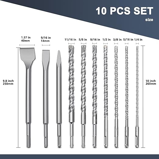 10 PCS 1/4 to 11/16 inch (6-18mm) SDS Plus Rotary Hammer Drill Bits and Chisel Set, 10 inch Length SDS Plus Masonry Drill Bits Set for Concrete, Brick, Cement,Masonry Work,10 inch Length Set