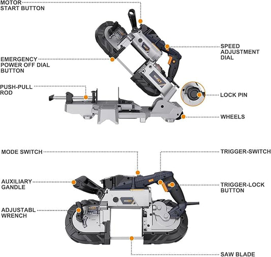 MAXXT Band Saw with Lightweight Aluminum Base, 10 Amp 5 Inch Deep Cut Bandsaw, Variable Speed Handheld Automatic Multipurpose Cut with Carrying Wheels Portable Metal Saw, Band Saws for Metal Wood