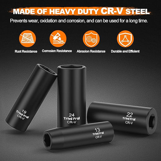Metric Impact Socket Set 1/2" Drive - Trivd Frol 26 Piece Deep Impact Socket Set 1/2" Drive, Metric Socket Set 10mm to 36mm Large Socket Set, Impact Driver Socket Set, Cr-V Steel, Double Lock Case
