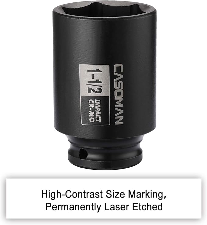 CASOMAN 6-Point 1/2-Inch Drive Deep Impact Socket- 1-1/2" (SAE), CR-MO, 1/2-inch Drive 6 Point Axle Nut Socket for Easy Removal of Axle Shaft Nuts (1-1/2")
