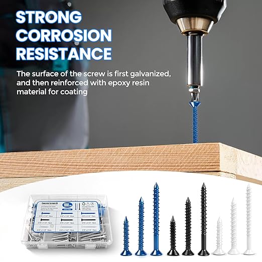 100PCS Concrete Screws Assortment Kit, 3/16" Flat Head Masonry Screws with Drill Bit and Driver Bit, Cement Screws for Concrete Brick, Diamond Point