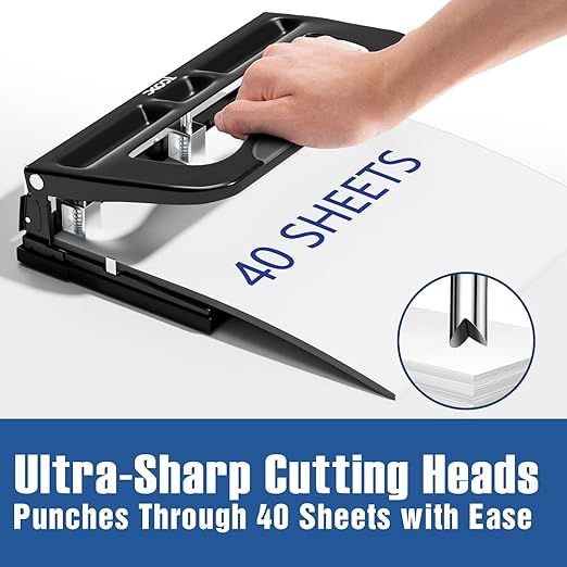 XOOL 3 Hole Punch, Heavy Duty Metal Hole Puncher for 2 or 3 Holes, 9/32" 7mm Hole Diameter, 40-Sheet Capacity, Adjustable Hole Spacing, Non-Slip Base for Office & School
