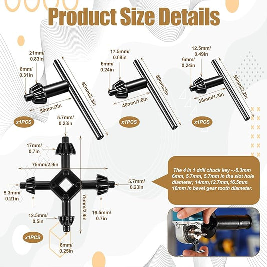 4 Pcs Chuck Key for Drill Press Carbon Steel 4 in 1 Steel Drills Chuck Key Wrench Set 1/4" 3/8" 1/2" 5/8" Sizes Drills Electric Clamping Tool for Drill Power Tools (Black)