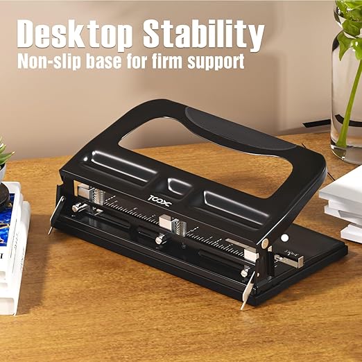 XOOL 3 Hole Punch, Heavy Duty Metal Hole Puncher for 2 or 3 Holes, 9/32" 7mm Hole Diameter, 40-Sheet Capacity, Adjustable Hole Spacing, Non-Slip Base for Office & School