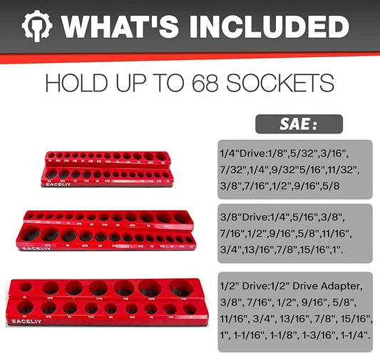3Pcs 1/2", 1/4" and 3/8" Magnetic Socket Organizer Set,SAE Socket Holder Kit, Socket Trays,holds 68 Deep and Shallow 3/8" Sockets(sockets not included)