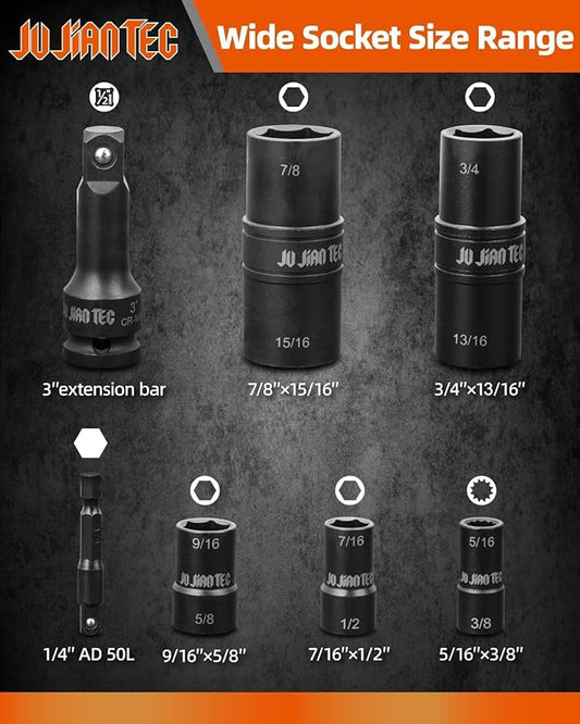 Lug Nut Impact Socket Set, Impact Driver Flip Socket, Five Sockets with 1/4-Inch Hex and 1/2-Inch Square Socket Adapters, Premium chrome vanadium Alloy Steel, with Molded Case
