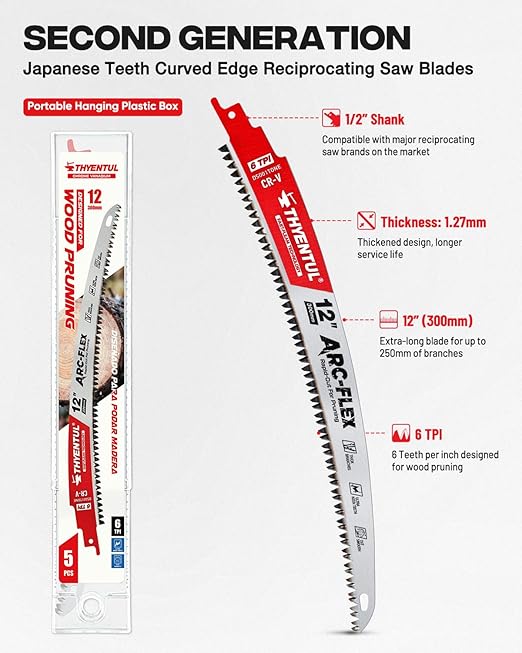 5 Pack 12inch 6TPI Japanese Teeth Reciprocating Saw Blades,Curved Edge Wood Pruning Saw Blades for Tree Trimming, Wood Cutting