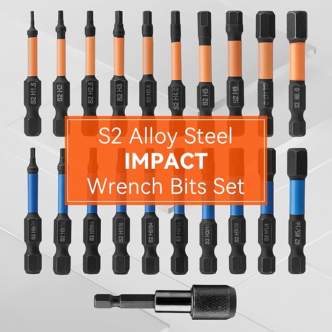 Impact Hex Head Allen Wrench Drill Bit Set 20+1 Pieces (Metric & SAE), S2 Alloy Steel Drill Bit Set, 1/4'' Hex Shank with Magnetic, CNC Machined, 2'' Long, with storage box
