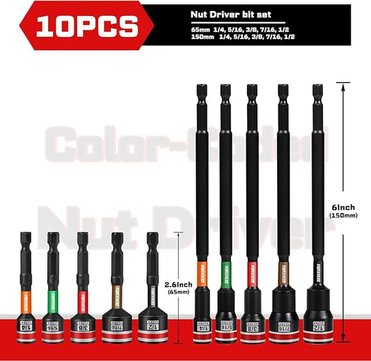 Impact Nut Driver Set, 10 Pieces 2.56???쒵ong 1/4??/16??/8??/16??1/2?? Point Alloy Steel Magnetic SAE Nut Setter Set Use For Require Installing 1/4 Hex Shank Impact Driver with Case Box