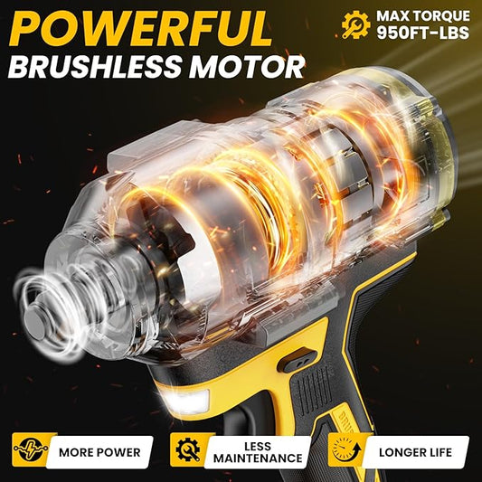 Cordless Impact Wrench 1/2 inch for Dewalt 20V Battery, Impact Wrench 1360N.m(950Ft-lbs) High Torque Brushless Electric Impact Gun, Power Impact Driver with 3-Mode Speed, LED Work Light(no battery)
