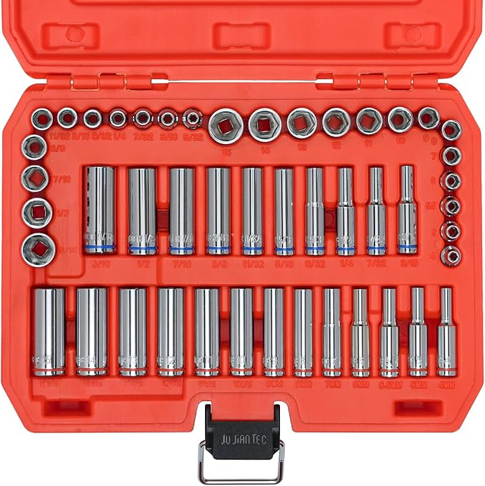 47-Piece 1/4" Drive Impact Socket Set - Deep & Shallow Socket Set SAE 5/32"-9/16" and Metric 4-15mm, 6 Point CR-V Alloy Steel for Auto Repair, with Molded Case