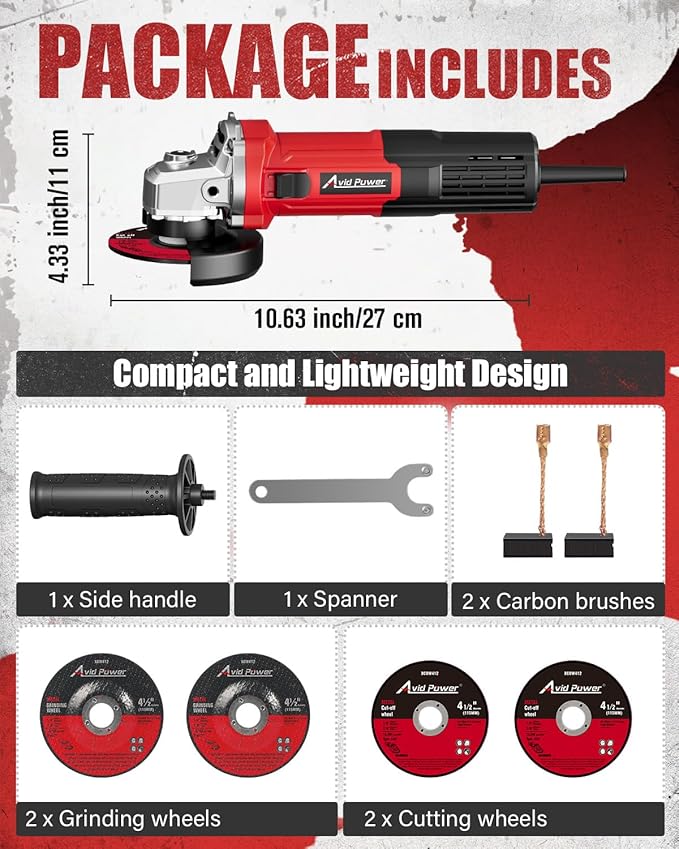 AVID POWER Angle Grinder 4-1/2 inch Electric Grinder Tools 750W 6.5 Amp Metal Grinder, 11500 RPM, with Grinding and Cutting Wheels, Auxiliary Handle, Wrench for Cutting and Grinding