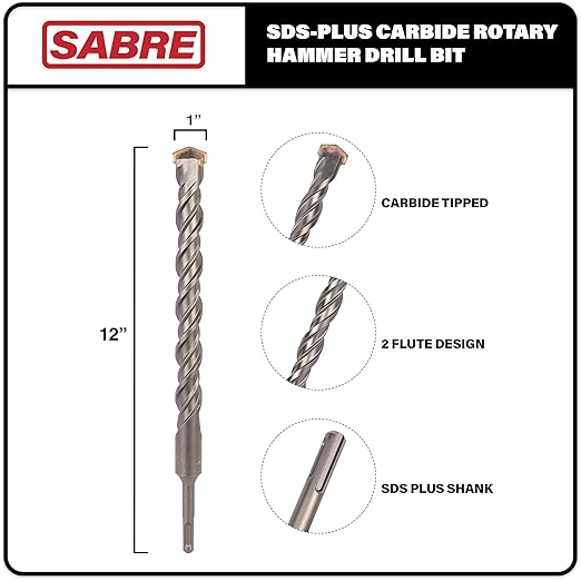 1 Inch x 12 Inch SDS Plus Rotary Hammer Drill Bit, Carbide Tipped for Brick, Stone, and Concrete Version 2 (1" x 10" x 12")