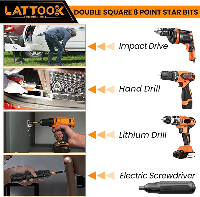 Double Square 8 Point Star Bit Set, LATTOOK 17PCS 8 Point Torx Bits 2 Square Drive Bits, Magnetic S2 Steel Torx Bit Set, 2.3'' & 1'' Long, #1, #2, #3