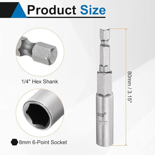 HARFINGTON 2pcs Nut Driver Drill Bit 8mm Metric Socket 1/4" Hex Shank 3.15" (80mm) Long 6-Point Sockets Quick Change CR-V Steel Bolt Setters for Power Drill Drivers