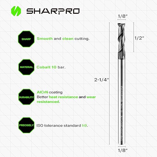 1/8 End Mills 1/8 Inch Shank, 2 Flute Carbide Square Endmill with AlCrN Coated, Upcut Spiral CNC Router Bits for Alloy Steel, Metal and Stainless Steel(5PCS)